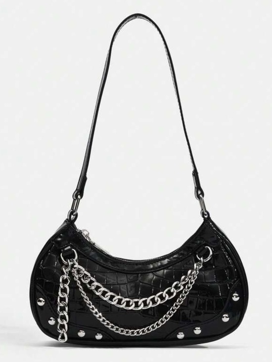 Handbags - Y2K Black Croc Embossed Chain Shoulder Bag